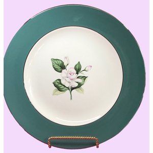 Homer Laughlin Green Rim Cavalier Eggshell White Flower Buds Pink Rimmed Dinner